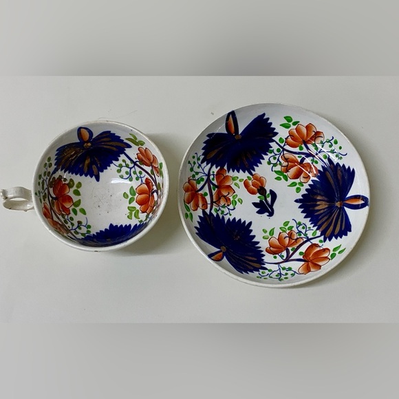 19th Century Antique Gaudy Welsh Butterfly Pattern Hand Painted Cup & Saucer Set - Picture 10 of 16
